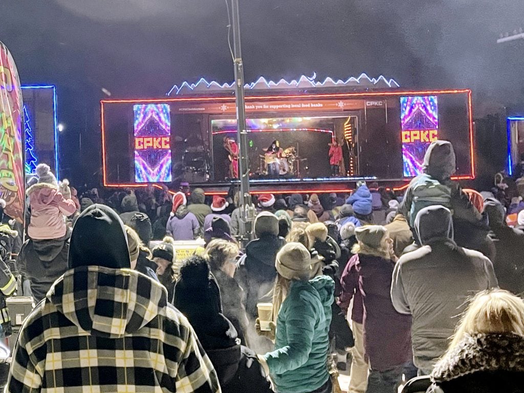 Performers on the stage car of the CPKC Holiday Train in 2024.