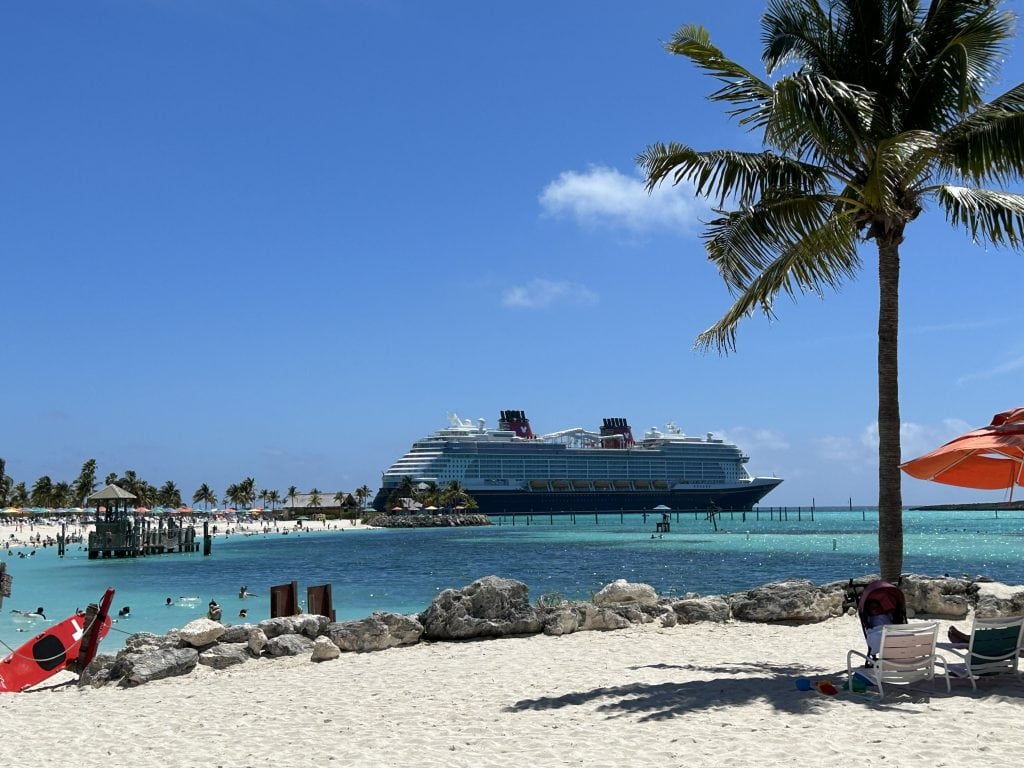 Disney cruise ship docked at a Disney private island
