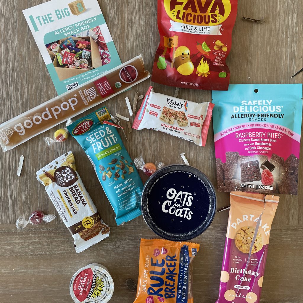 Big 8 free allergy friendly snacks: Fava-Licious, GoodPop, Black's seed baked rice crispy treat, Safely Delicious raspberry bites, Enjoy Life Seed & Fruit mix, 88 Acres protein bar, Oats in Coats, Partake cookies, Rule Breaker P'Nutter Chocolate Chip, Sunbutter.