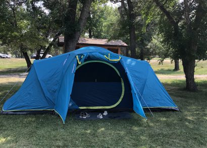 Blue tent set up at Little Bow Provincial Park Campground