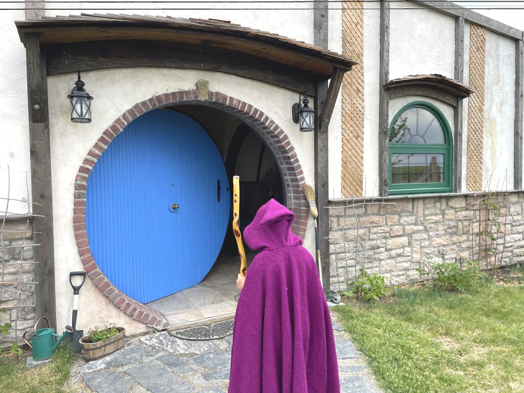 The Burrow entrance - being lead into the Burrow by a fuscia-caped figure