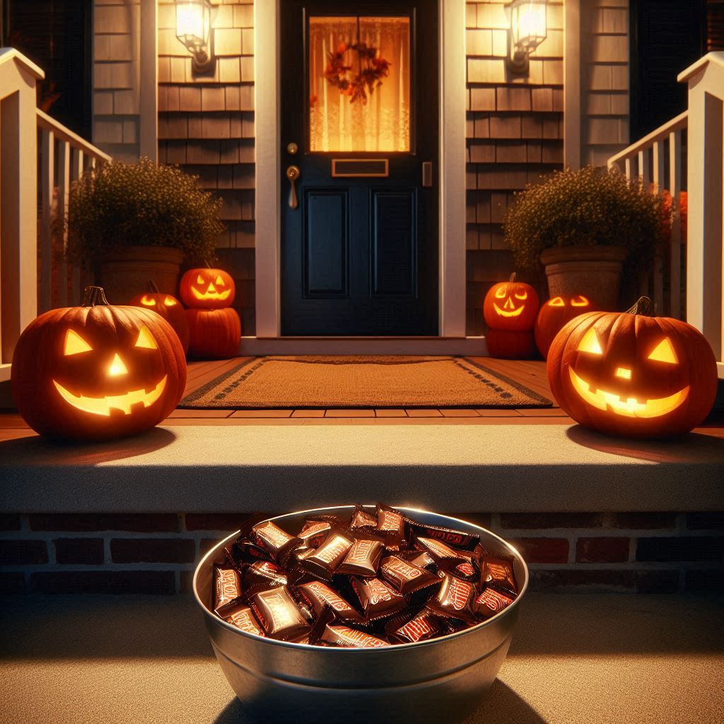 AI-image of candy bowl on the front step of a house with jack-o-lanterns lining the porch