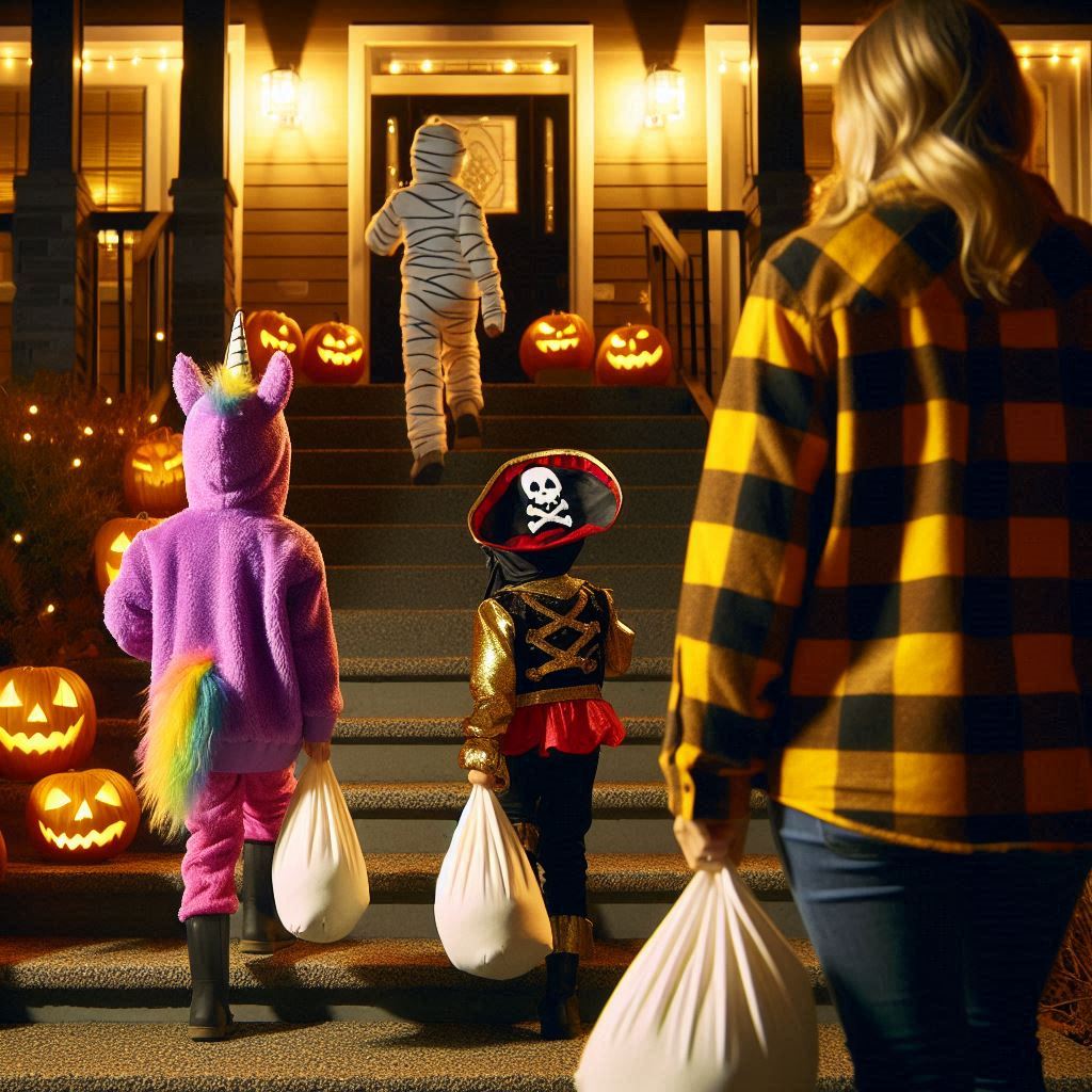 Children walking up steps to go trick-or-treating while Mom looks on.