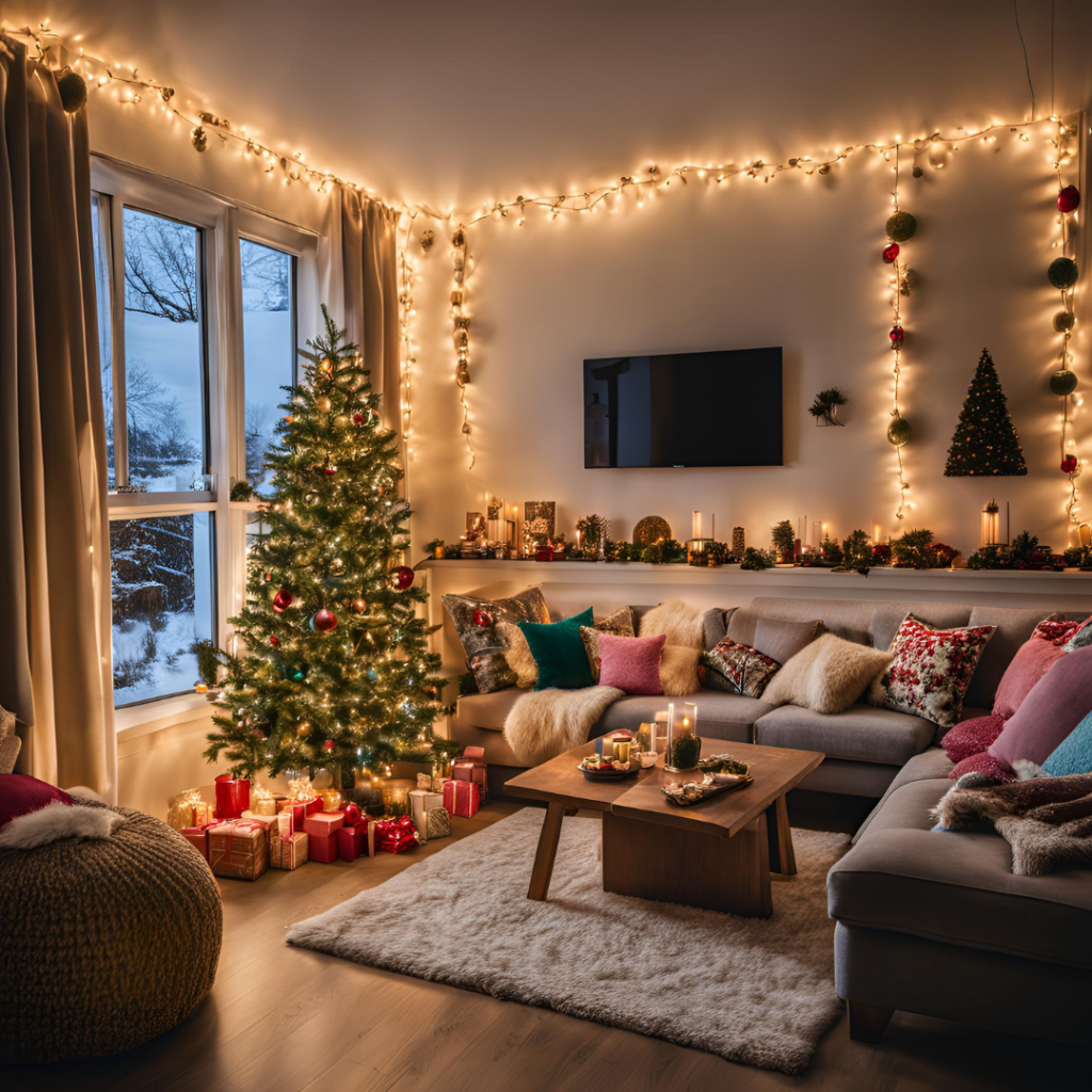 AI generated image of "A small, cozy new-build home living room decorated for Christmas"