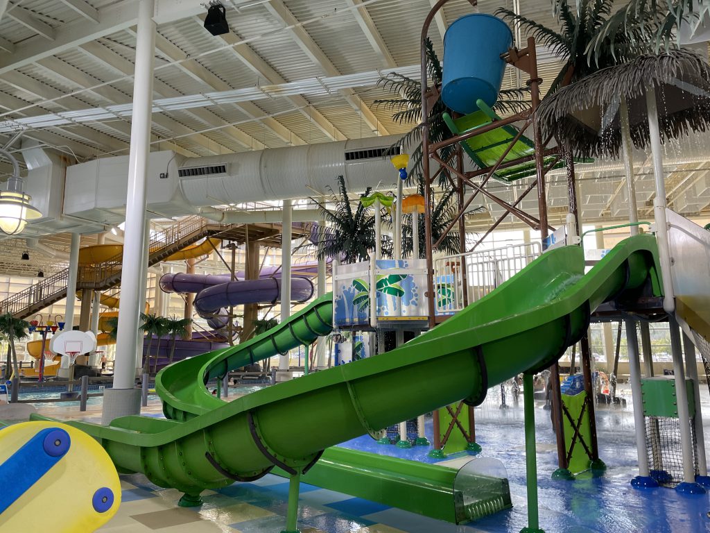 The four waterslides at Syncrude Aquatics Center at Suncor Recreation Center.