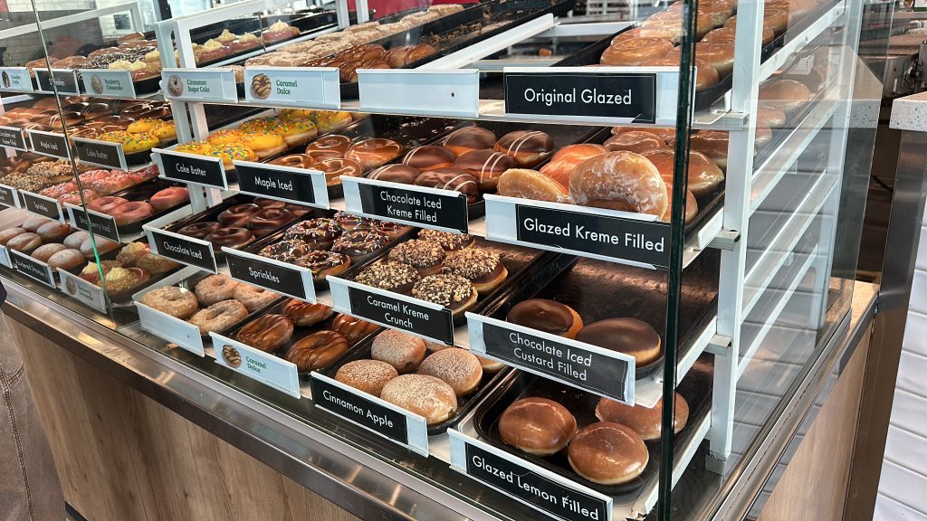Donut display case at Krispy Kreme Donuts in Edmonton.